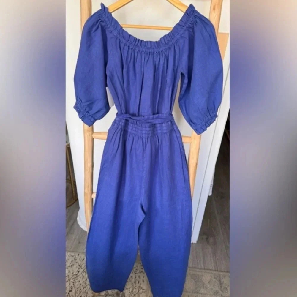 JOIE Josepha cropped linen wide-leg jumpsuit Clematis Blue M - Picture 11 of 12
